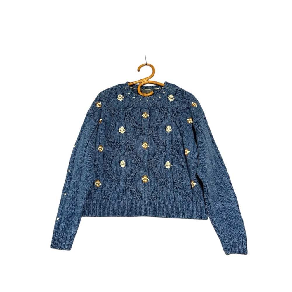 Vintage | Liz Wear Petites | Cotton Cable Floral Knit Sweater Size S Petite